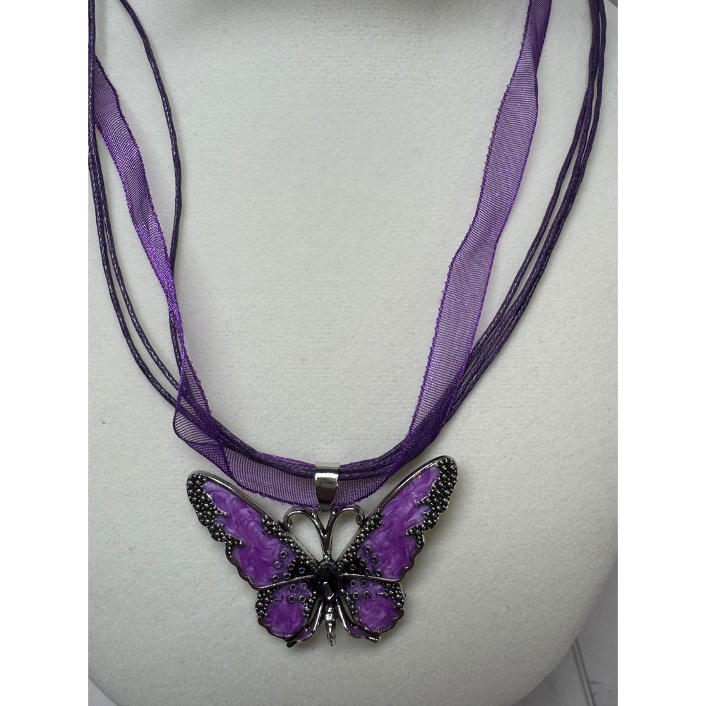 Yiwu Purple Butterfly Pendant Necklace Organza Ribbon Multi Strand Silver Tone